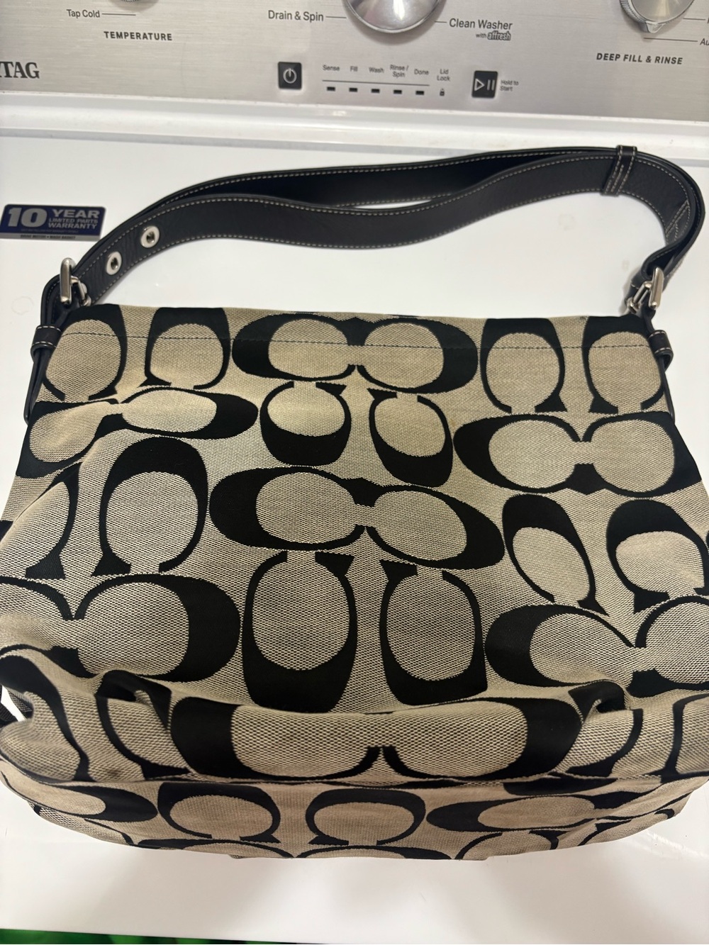 Coach Khaki and Black Signature Canvas Shoulder Bag